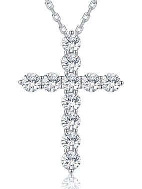 Women's Silver Sterling Moissanite Cross Lobster Christian Religious Necklace